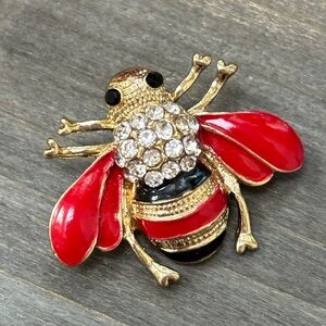 Red, Gold, and Black Bee Brooch with Rhinestones